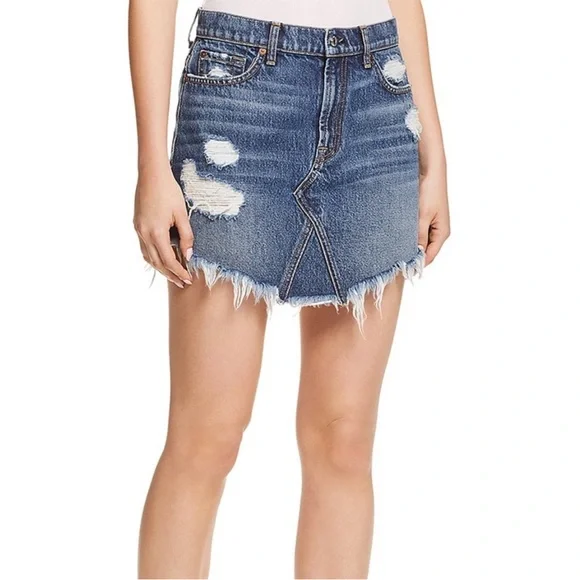 7 For All Mankind Distressed Raw Hem Frayed Denim Jean Mini Skirt Size 24 - Picture 14 of 14